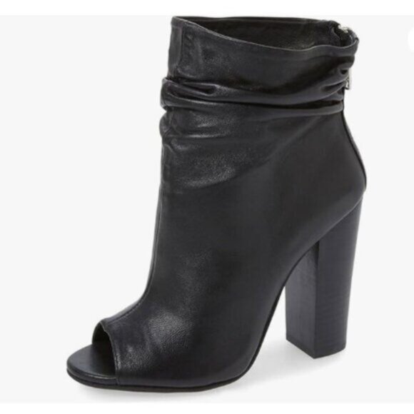 FSJ Women Stylish Peep Toe Slouch Ankle Boots Chunky Stacked Heels Black Shoes - Picture 1 of 8
